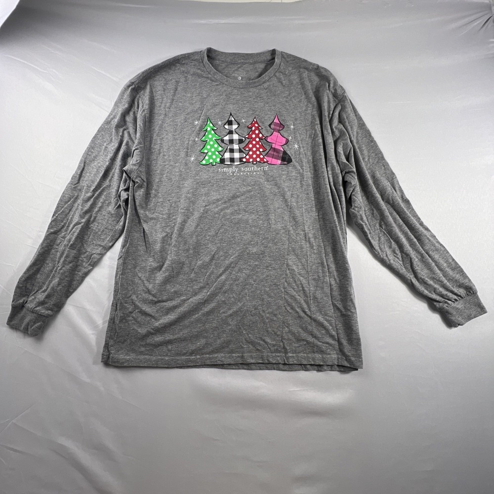 Simply Southern Womens Gray Christmas Tree Messy & Bright Long Sleeve Shirt L